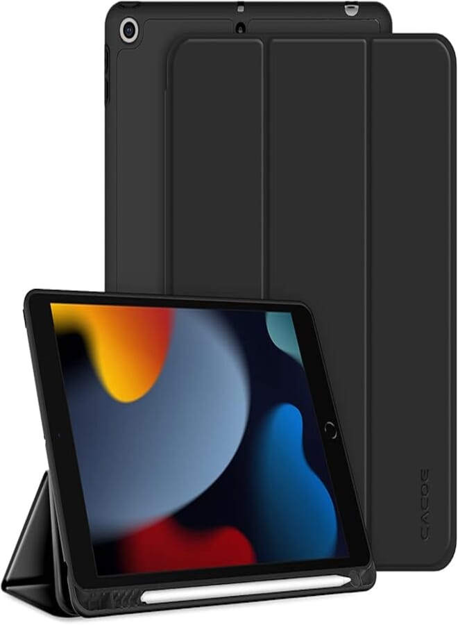 CACOE iPad 9th/8th/7th Generation Case with Pencil Holder, Ultra Slim Protective TPU Case Cover with Auto Wake/Sleep for iPad 10.2, Black